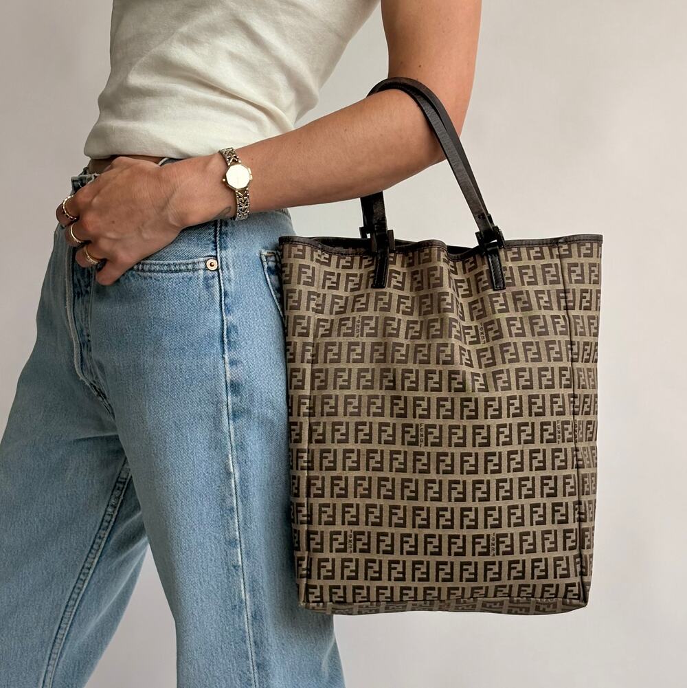 Vintage Fendi Zucchino Canvas Roll Tote w/ Baby Pouch - Tan & Brown
